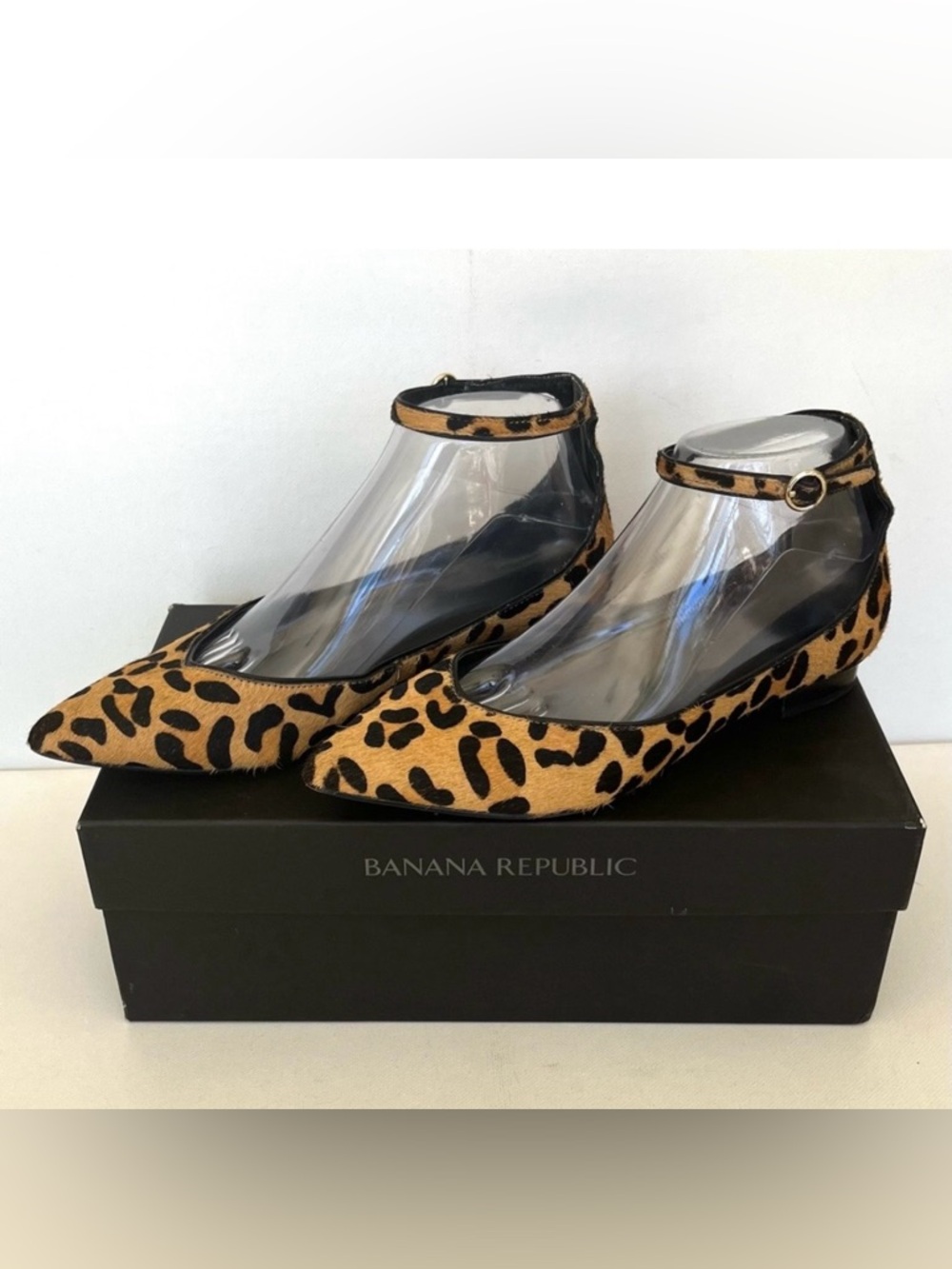 BANANA REPUBLIC Leopard Print Haircalf Pony Upper Leather Ankle-Strap Flats